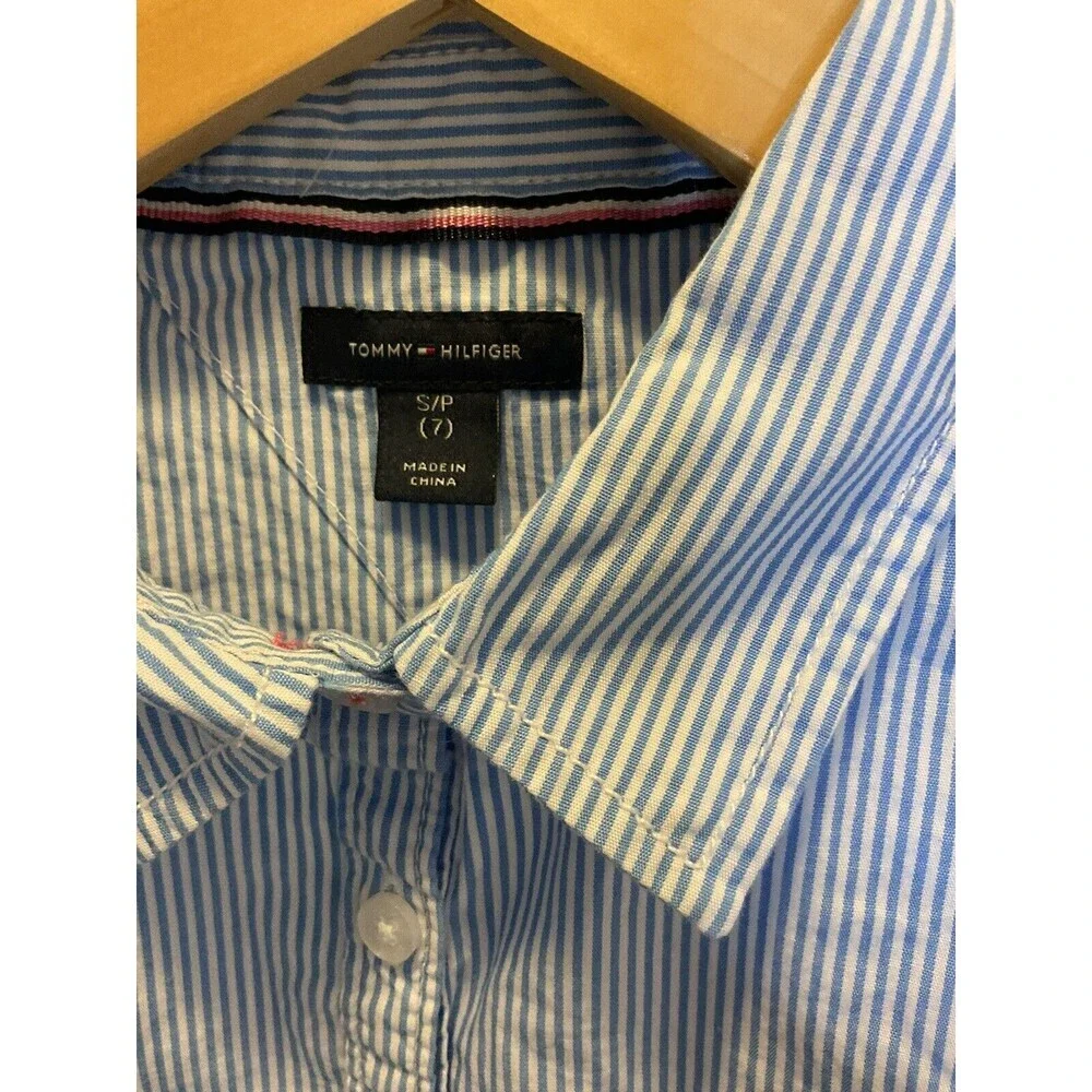 Tommy Hilfiger Girls S (7) Blue White Pinstripe Fitted Long Sleeve Button Up Top - Picture 3 of 7